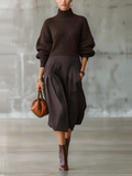 Dark Brown Ribbed Roll Neck Jumper and Pleated Midi Skirt Set