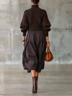 Dark Brown Ribbed Roll Neck Jumper and Pleated Midi Skirt Set