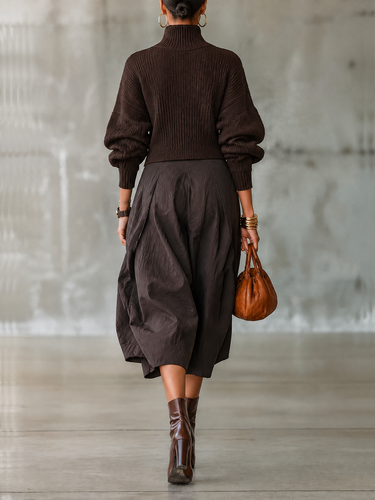 Dark Brown Ribbed Roll Neck Jumper and Pleated Midi Skirt Set