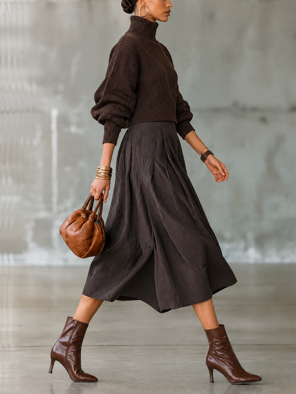 Dark Brown Ribbed Roll Neck Jumper and Pleated Midi Skirt Set