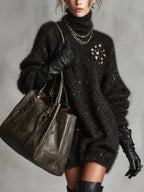 Black High Neck Sequined Knit Mini Dress