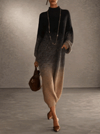 Black to Beige Gradient Roll Neck Knit Maxi Dress