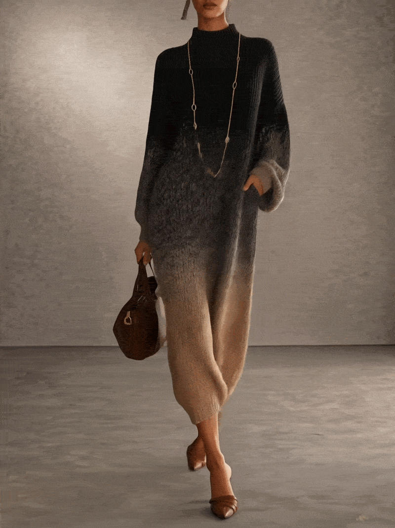 Black to Beige Gradient Roll Neck Knit Maxi Dress