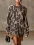 Leopard Print Fuzzy Knit Mini Dress with Gold Lace Hem