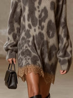 Leopard Print Fuzzy Knit Mini Dress with Gold Lace Hem