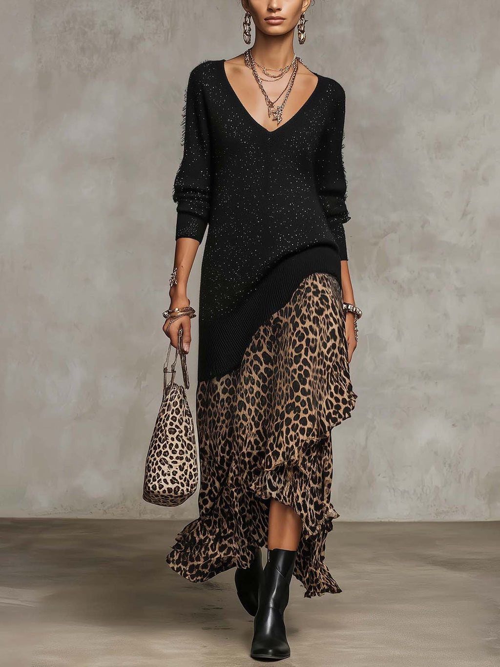 Black Shimmer Knit Jumper Dress with Leopard Ruffle Hem