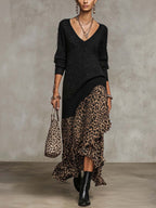 Black Shimmer Knit Jumper Dress with Leopard Ruffle Hem