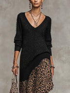 Black Shimmer Knit Jumper Dress with Leopard Ruffle Hem