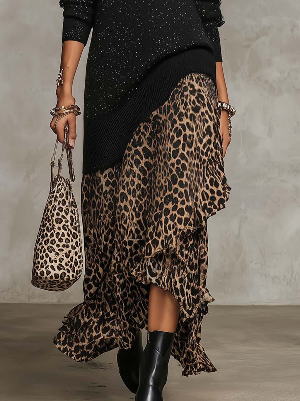 Black Shimmer Knit Jumper Dress with Leopard Ruffle Hem