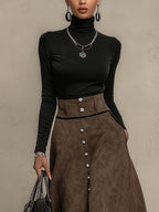 Black Roll Neck Top and Distressed Brown Faux Suede Button Maxi Skirt Set