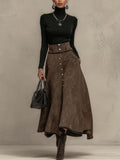 Black Roll Neck Top and Distressed Brown Faux Suede Button Maxi Skirt Set