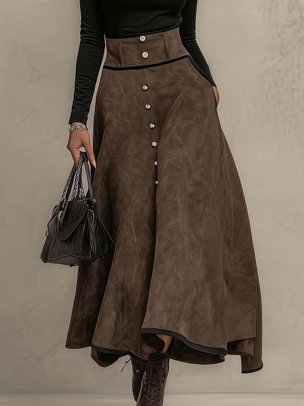 Black Roll Neck Top and Distressed Brown Faux Suede Button Maxi Skirt Set