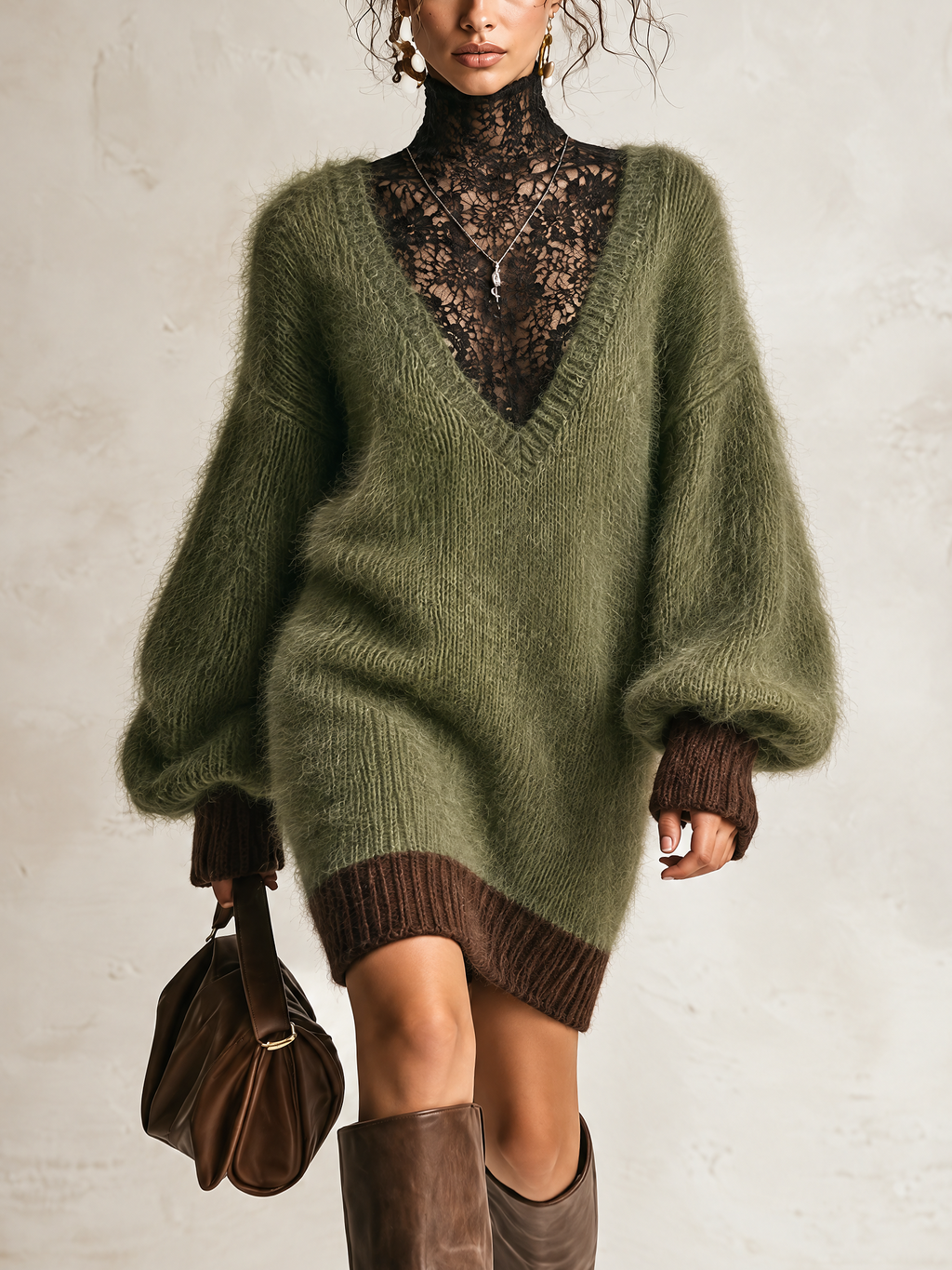Olive Green Fuzzy Mohair Balloon-Sleeve Mini Jumper Dress with Black Lace Roll Neck