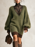 Olive Green Fuzzy Mohair Balloon-Sleeve Mini Jumper Dress with Black Lace Roll Neck