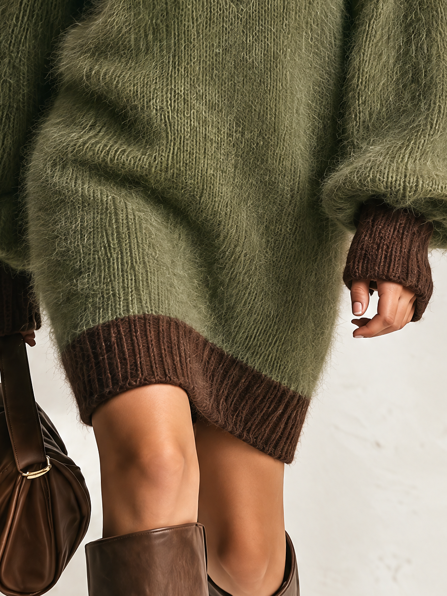 Olive Green Fuzzy Mohair Balloon-Sleeve Mini Jumper Dress with Black Lace Roll Neck