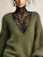 Olive Green Fuzzy Mohair Balloon-Sleeve Mini Jumper Dress with Black Lace Roll Neck