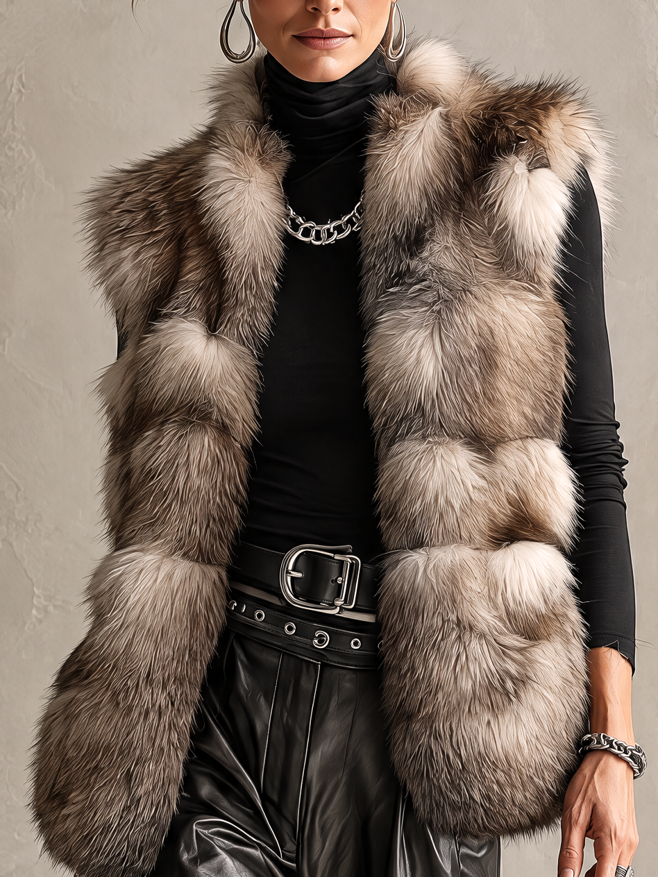 Brown Silver-Tipped Faux Fur Longline Puffer Gilet