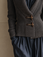 Charcoal Ribbed Shawl-Collar Knit Cardigan with Toggle Closures