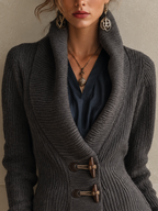 Charcoal Ribbed Shawl-Collar Knit Cardigan with Toggle Closures
