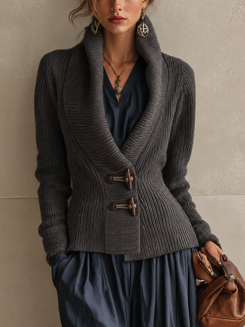 Charcoal Ribbed Shawl-Collar Knit Cardigan with Toggle Closures