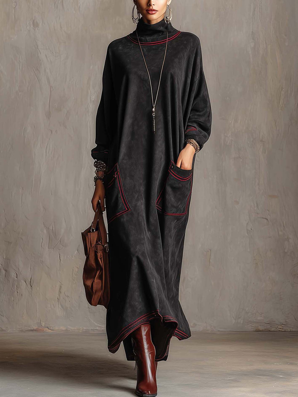 Black Faux Suede Maxi Dress with Red Contrast Stitching and Patch Pockets