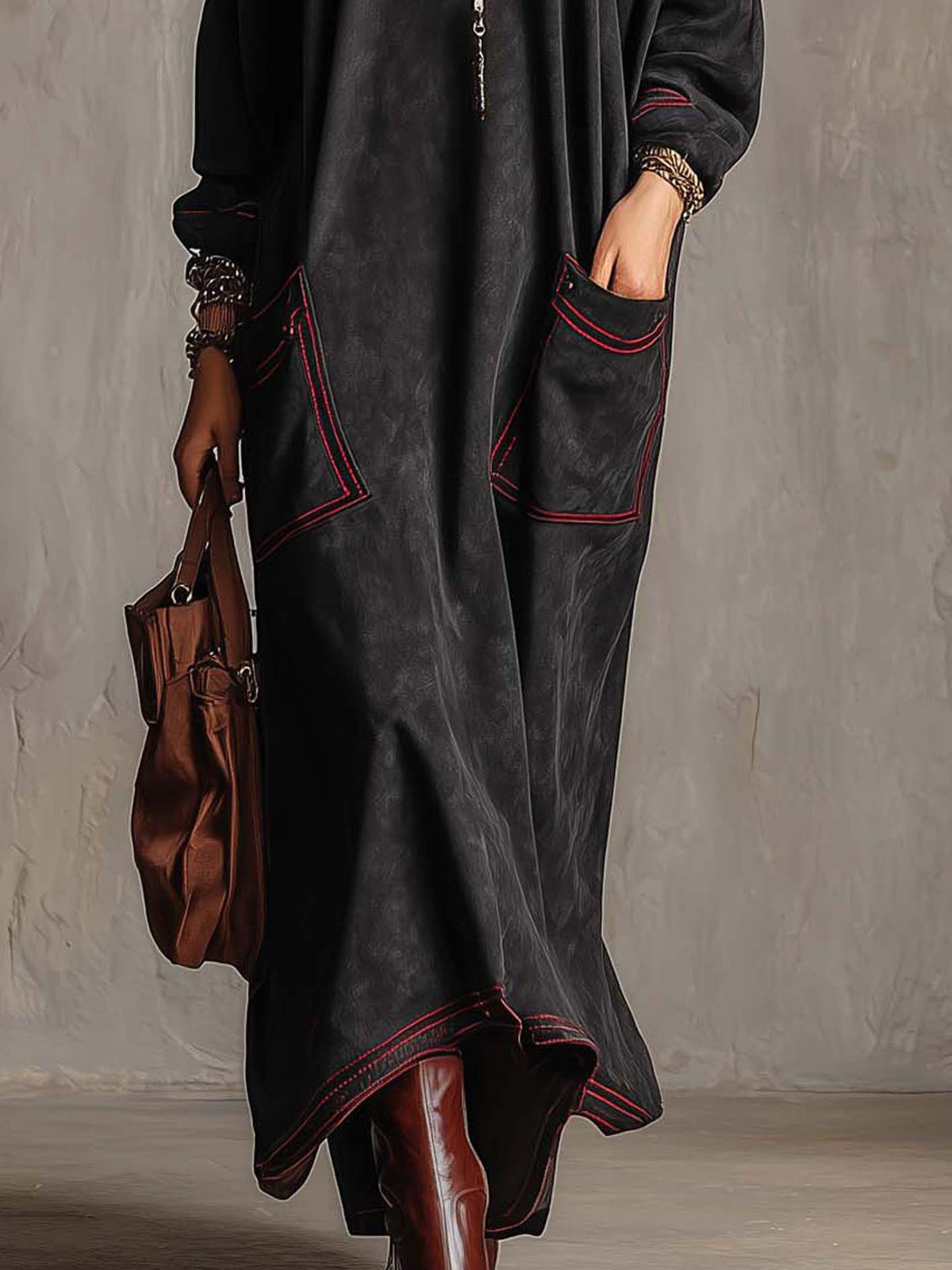 Black Faux Suede Maxi Dress with Red Contrast Stitching and Patch Pockets