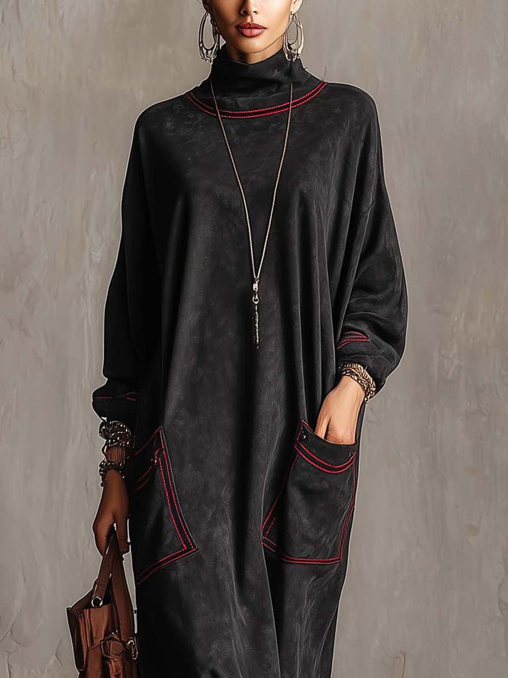 Black Faux Suede Maxi Dress with Red Contrast Stitching and Patch Pockets