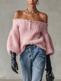 Blush Pink Shimmer Mohair Off-Shoulder Jumper with Button Placket