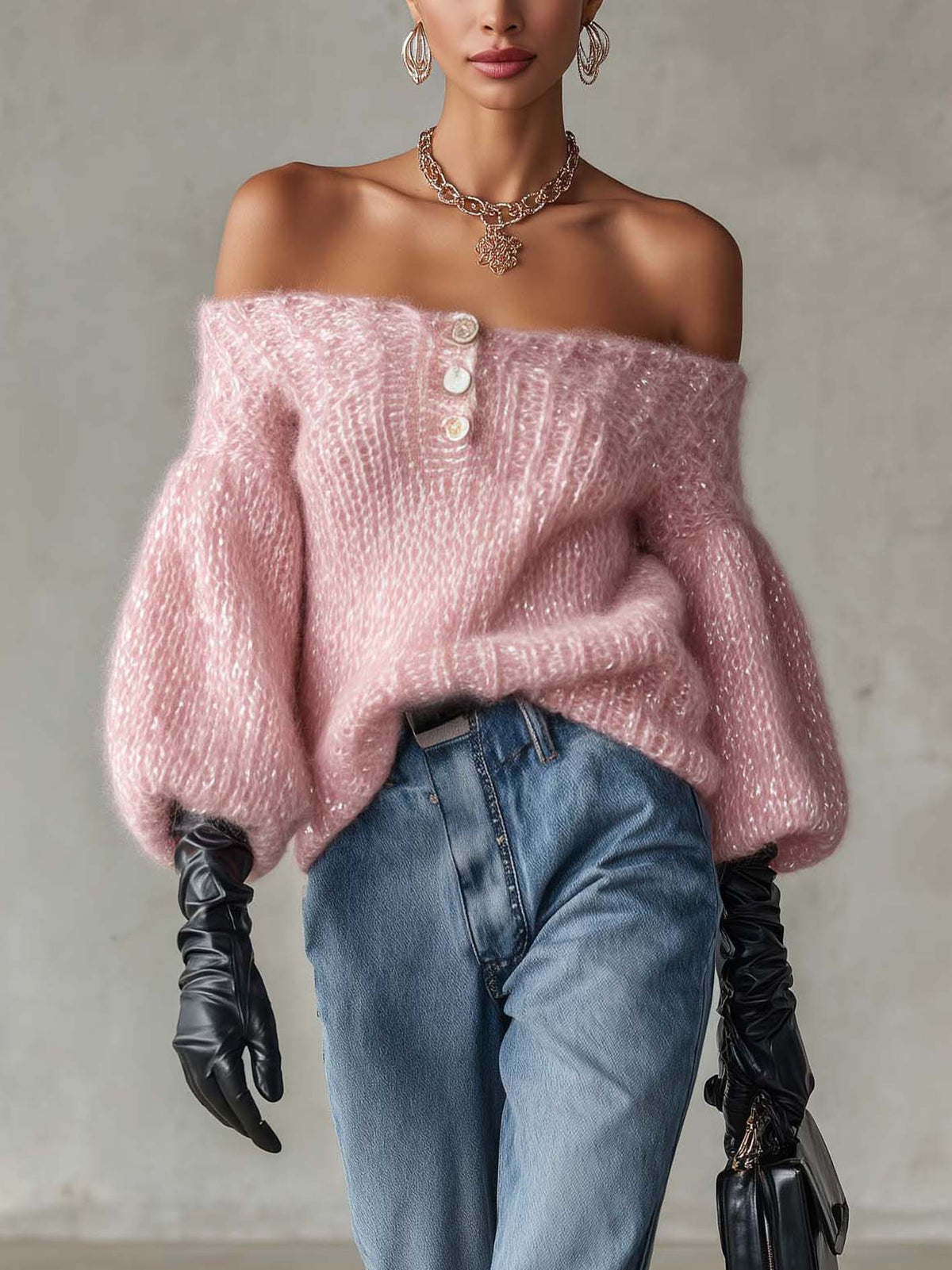 Blush Pink Shimmer Mohair Off-Shoulder Jumper with Button Placket