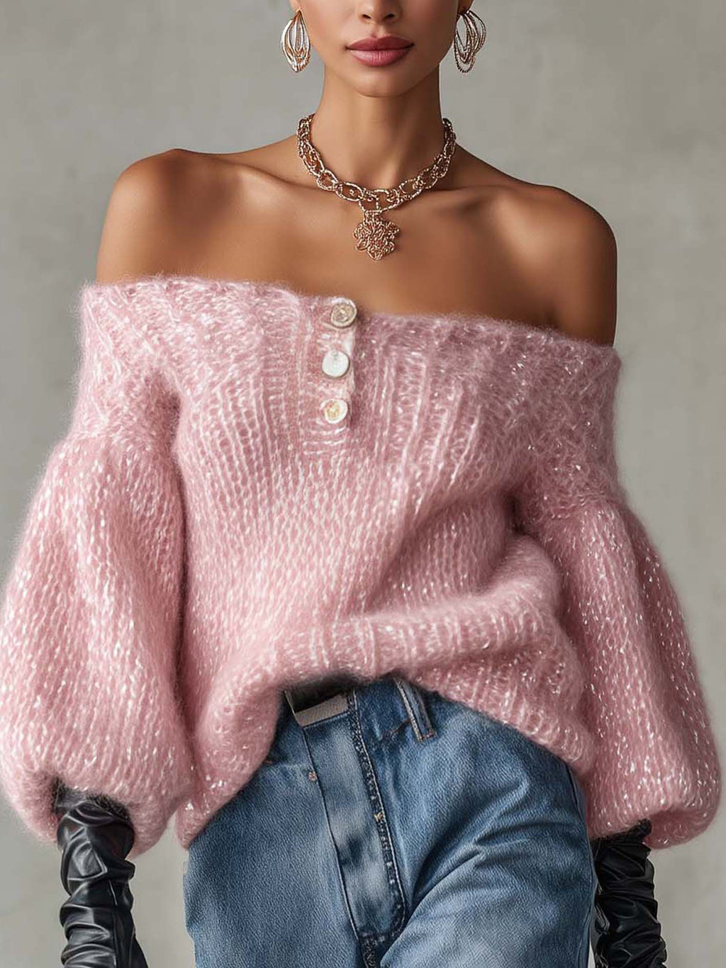 Blush Pink Shimmer Mohair Off-Shoulder Jumper with Button Placket