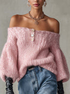 Blush Pink Shimmer Mohair Off-Shoulder Jumper with Button Placket