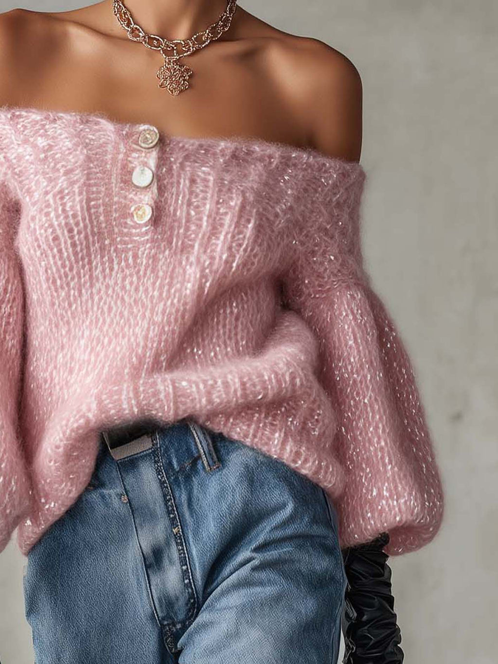 Blush Pink Shimmer Mohair Off-Shoulder Jumper with Button Placket