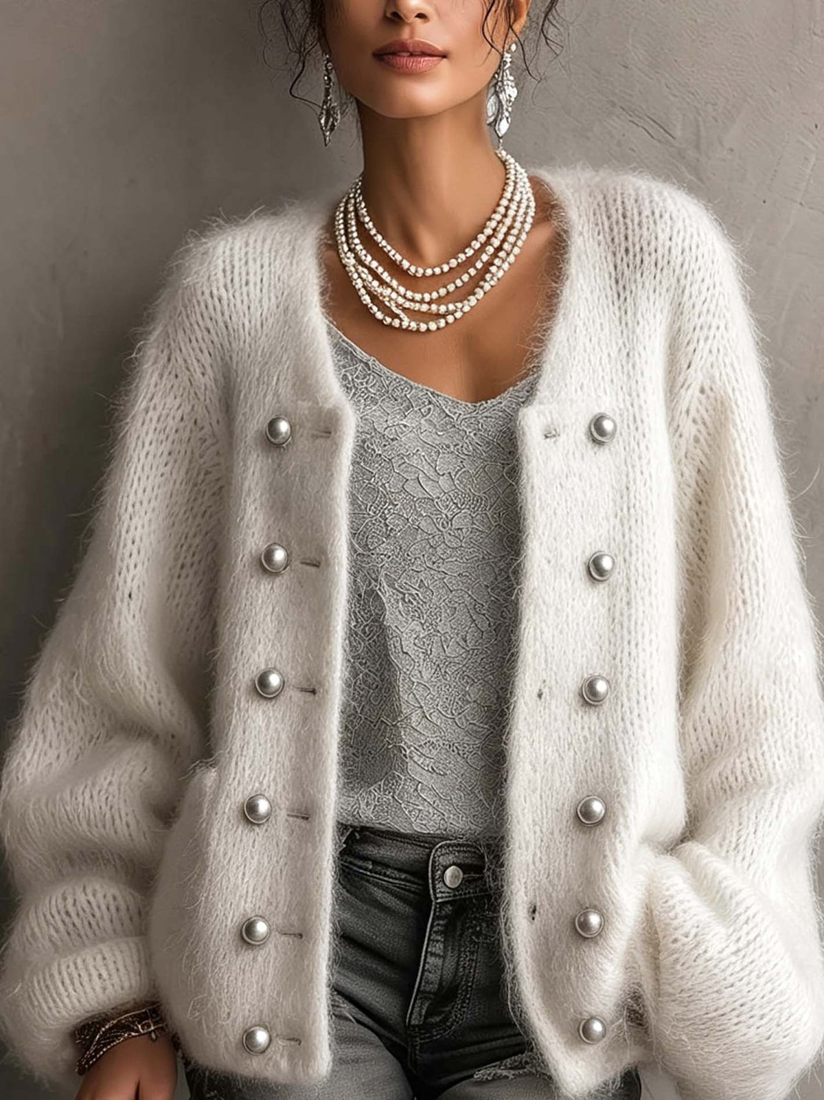 Ivory Fuzzy Mohair Cardigan with Double Row of Pearl-Trim Buttons