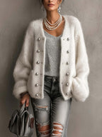 Ivory Fuzzy Mohair Cardigan with Double Row of Pearl-Trim Buttons