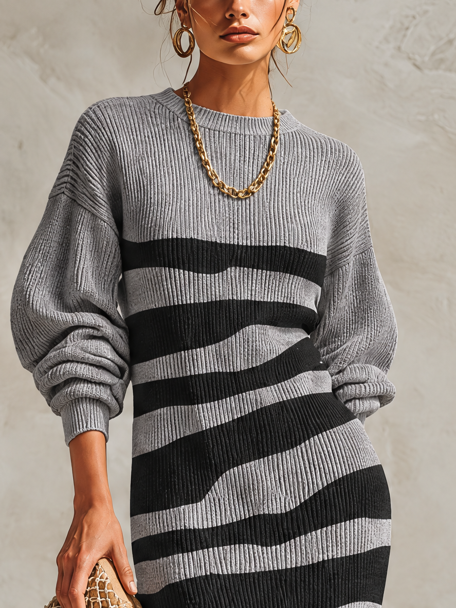 Grey and Black Striped Ribbed Knit Balloon-Sleeve Mermaid Maxi Dress