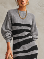 Grey and Black Striped Ribbed Knit Balloon-Sleeve Mermaid Maxi Dress