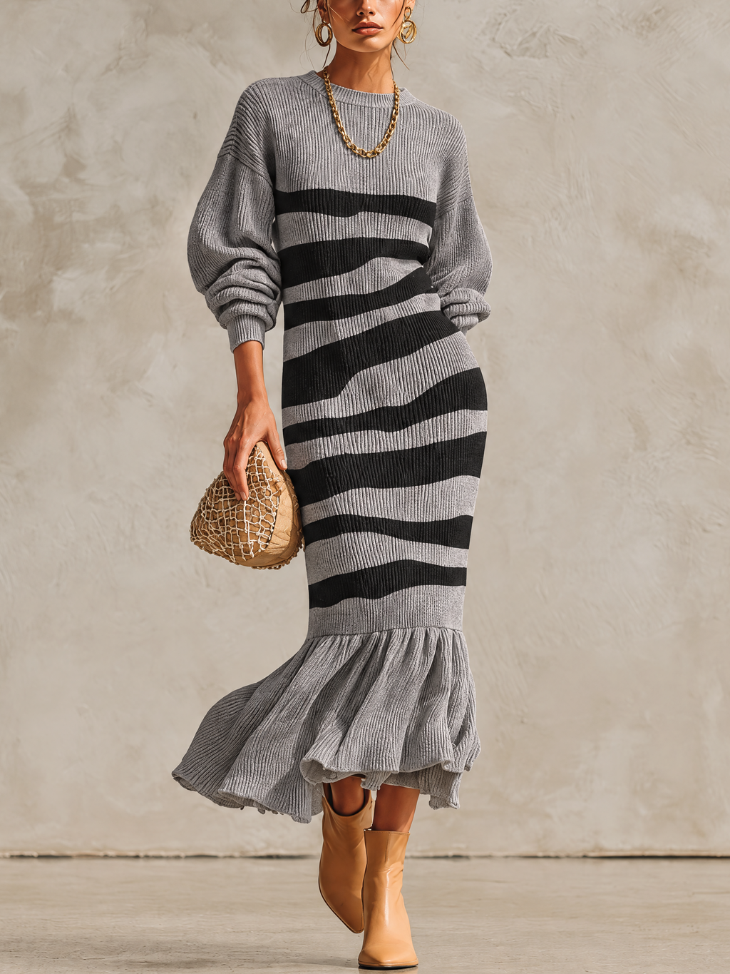 Grey and Black Striped Ribbed Knit Balloon-Sleeve Mermaid Maxi Dress