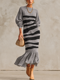 Grey and Black Striped Ribbed Knit Balloon-Sleeve Mermaid Maxi Dress