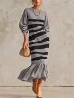 Grey and Black Striped Ribbed Knit Balloon-Sleeve Mermaid Maxi Dress