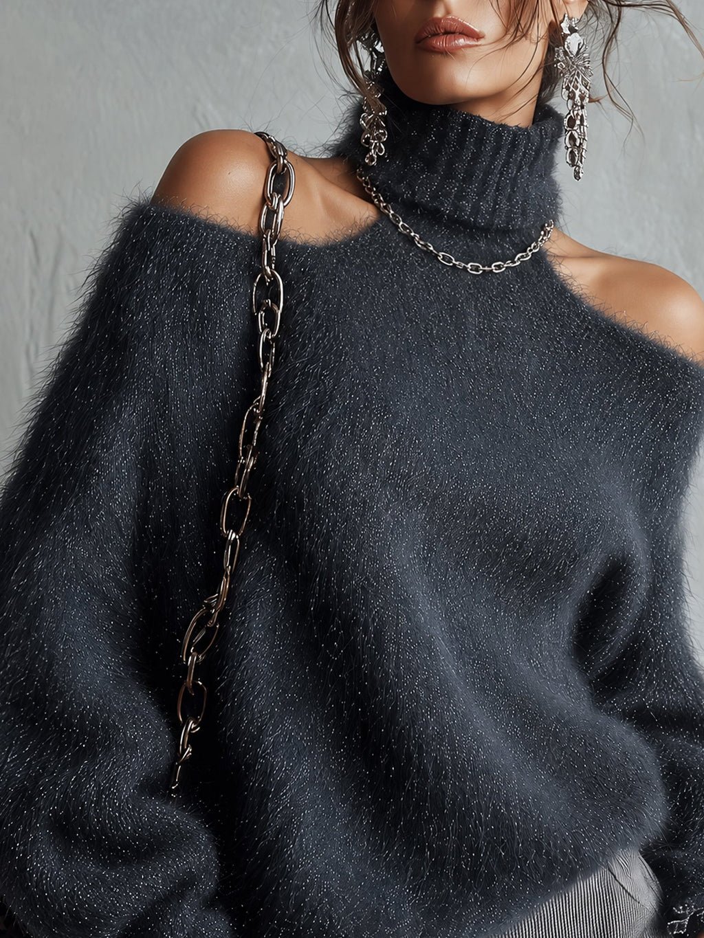 Blue Shimmer Fuzzy Knit Loose Cold Shoulder Roll Neck Jumper