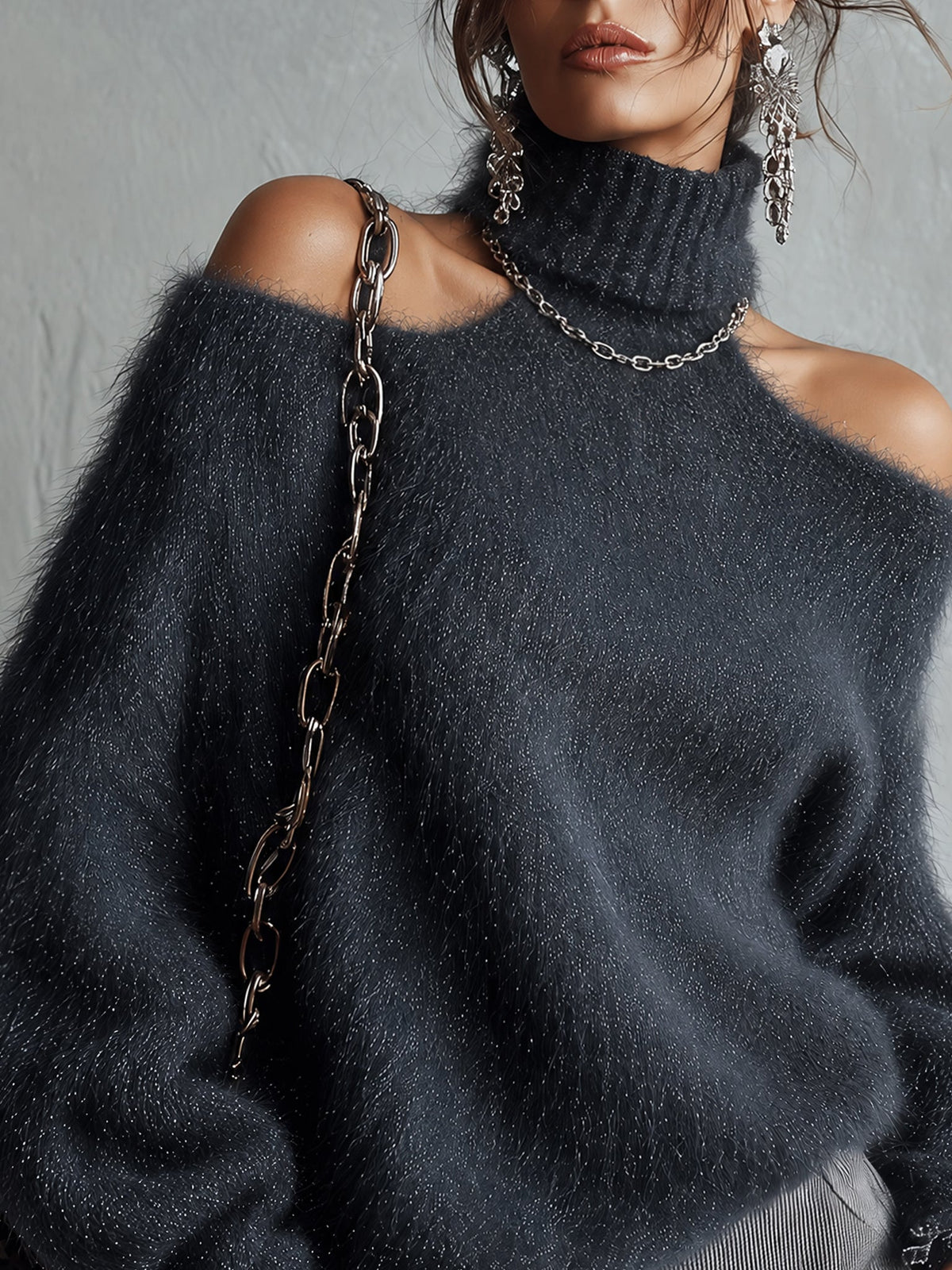 Blue Shimmer Fuzzy Knit Loose Cold Shoulder Roll Neck Jumper