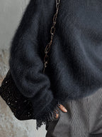 Blue Shimmer Fuzzy Knit Loose Cold Shoulder Roll Neck Jumper
