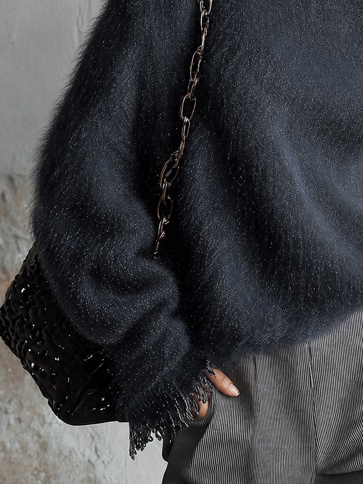 Blue Shimmer Fuzzy Knit Loose Cold Shoulder Roll Neck Jumper