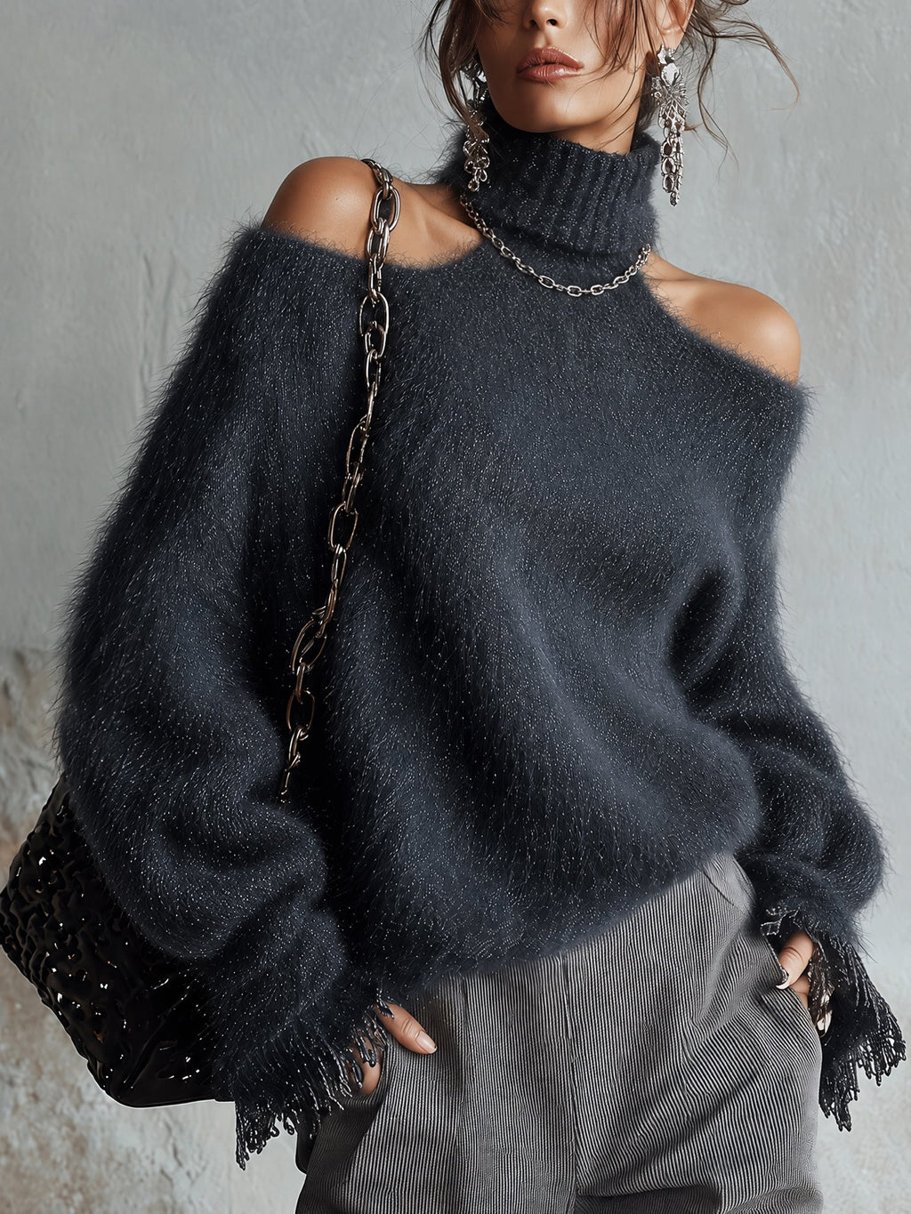 Blue Shimmer Fuzzy Knit Loose Cold Shoulder Roll Neck Jumper