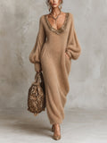 Camel Oversized Mohair Embellished V-Neck Maxi Knit Dress