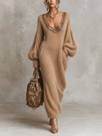 Camel Oversized Mohair Embellished V-Neck Maxi Knit Dress