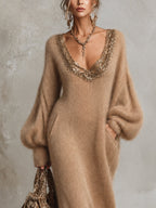Camel Oversized Mohair Embellished V-Neck Maxi Knit Dress