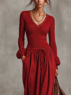 Red Sparkle Knit Top with Faux Suede Maxi Skirt Set