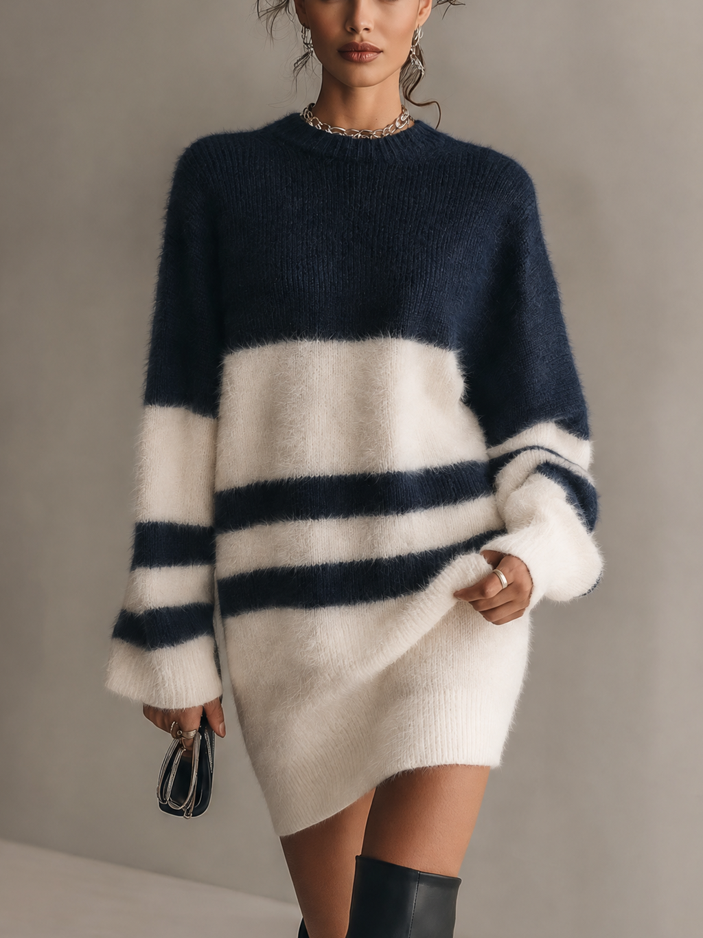 Navy and White Striped Fuzzy Knit Mini Jumper Dress