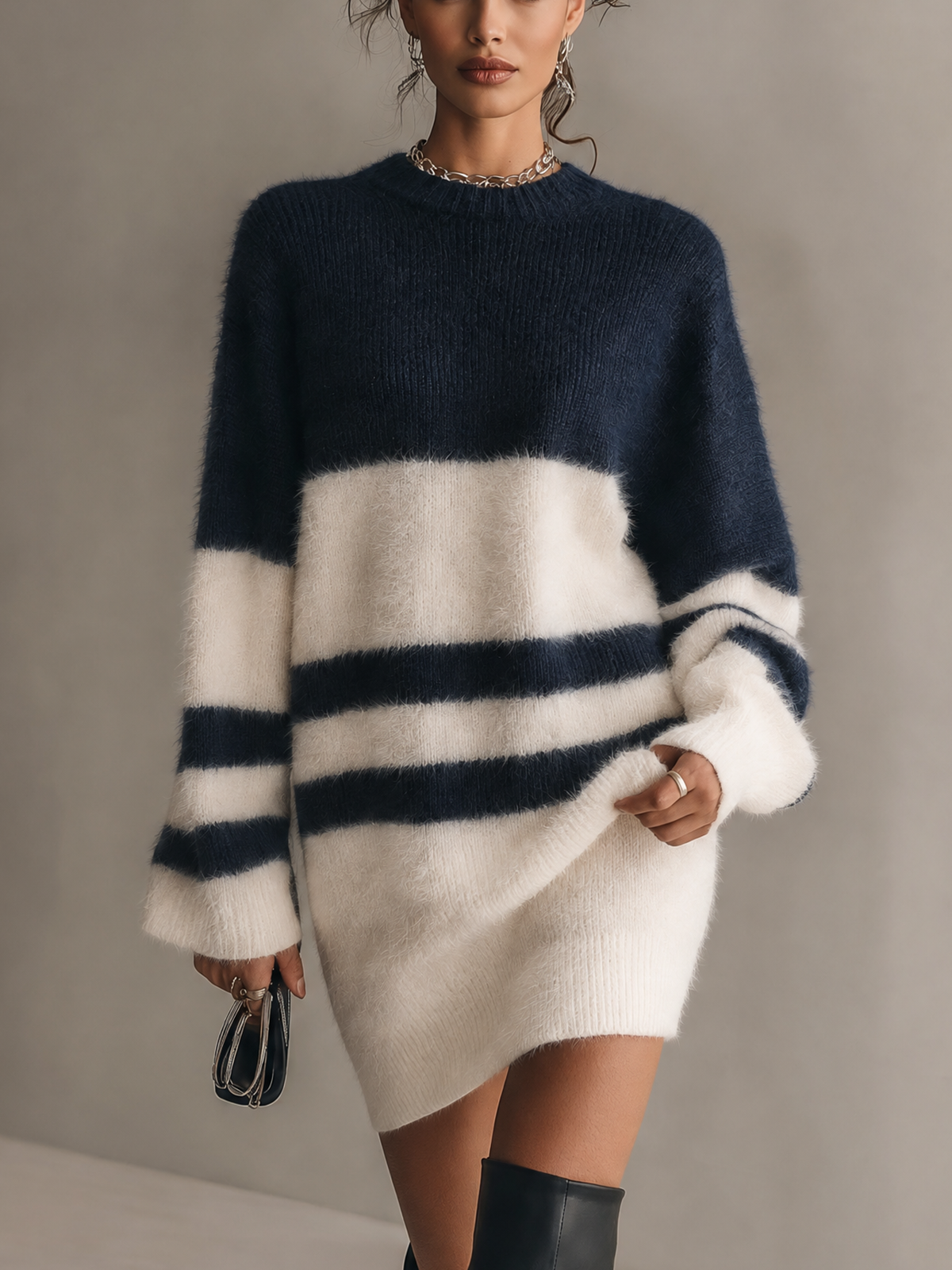 Navy and White Striped Fuzzy Knit Mini Jumper Dress